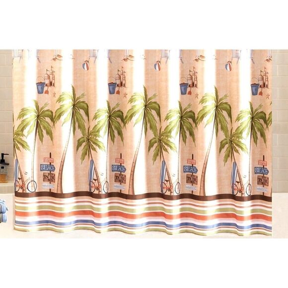 Catching Rays Beach Shower Curtain Tropical Ocean Sailboat Palm Trees Bath Gift - Picture 3 of 3